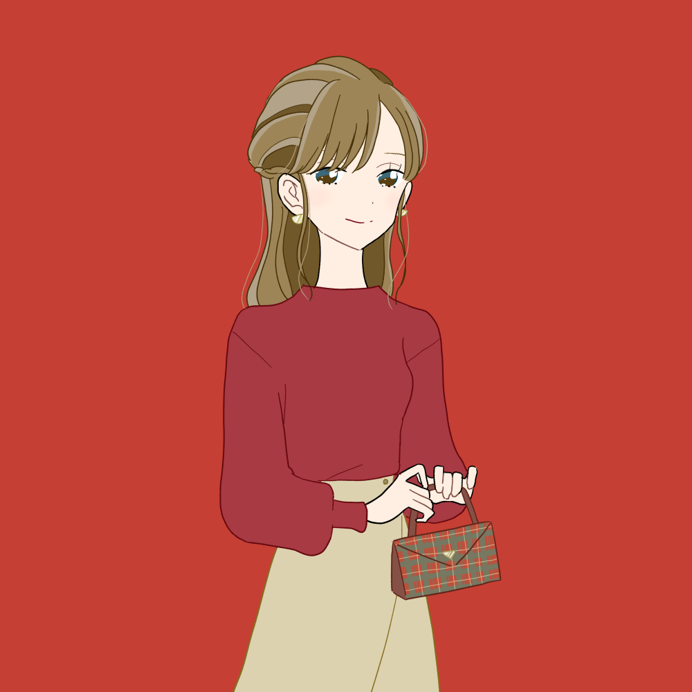 クリスマス風チェック柄のハンドバッグを持ったハーフアップの女の子|イラスト素材