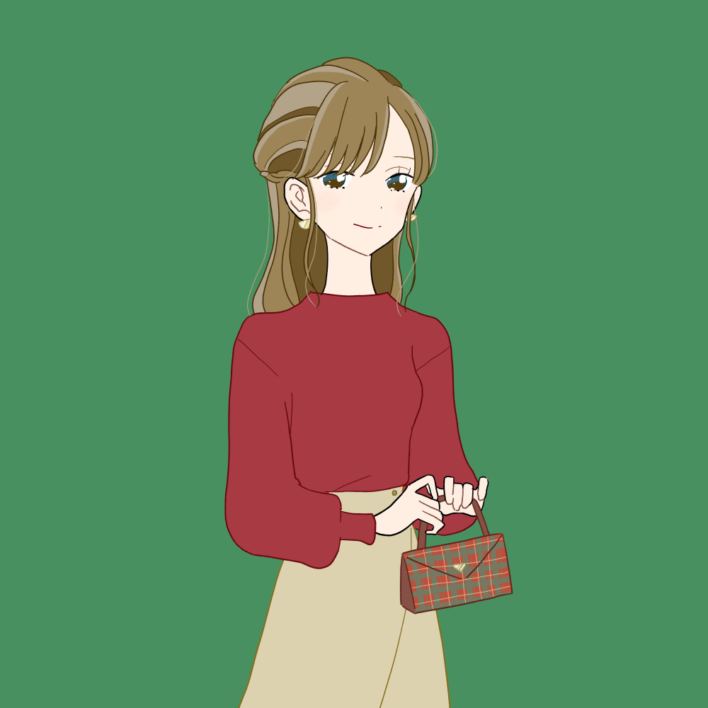 クリスマス風チェック柄のハンドバッグを持ったハーフアップの女の子|イラスト素材