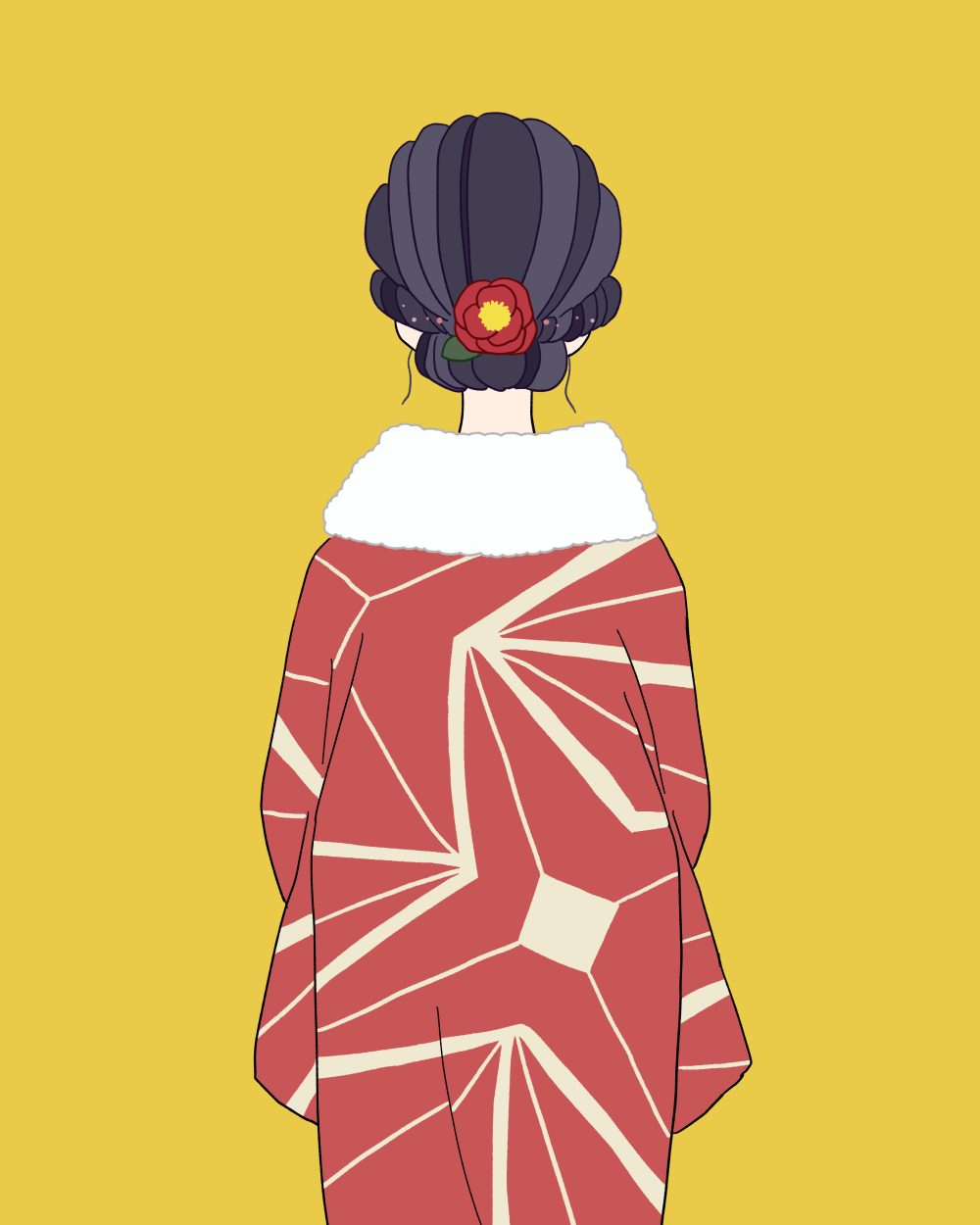 椿の髪飾りをした羽織着物ファーショールの女の子|イラスト素材