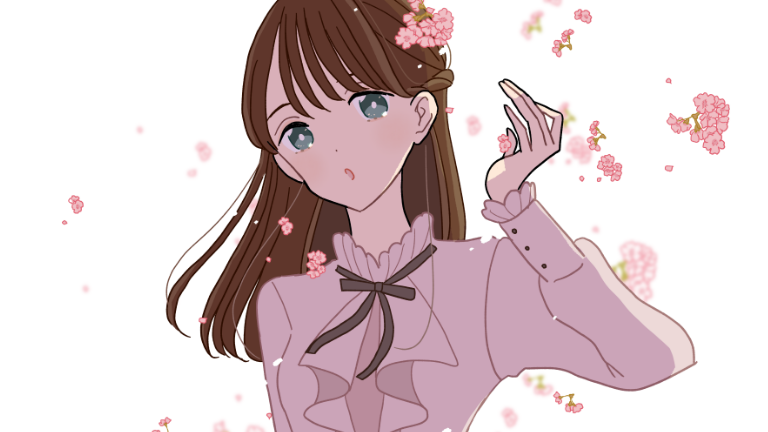 桜吹雪の中のワンピーススタイルの女の子のイラスト素材 ゆるやかgirl Collection